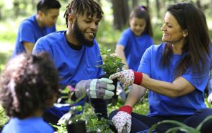 Group of people planting flowers