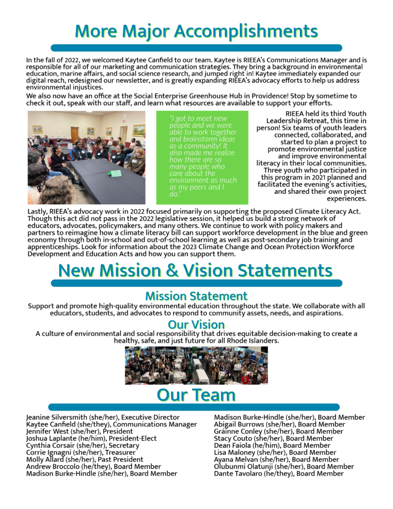 Page 3 of 2022 Annual Report. Please download PDF to see full text. Features the year's accomplishments, the new vision and mission statements, and names of team members