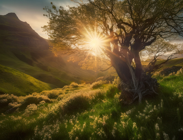 Tree on hillside with sun shining behind it.