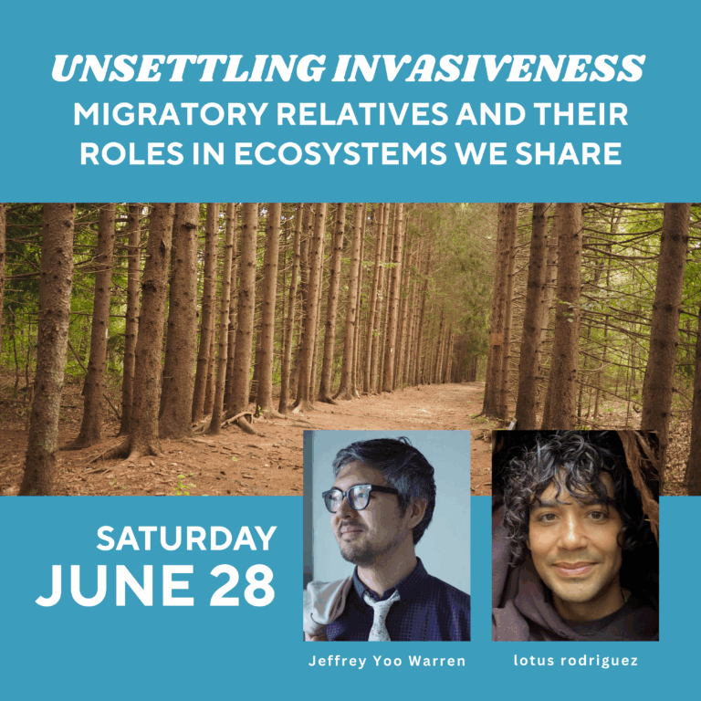 Woods trail and headshots of Jeffrey yoo warren and lotus rodriguez