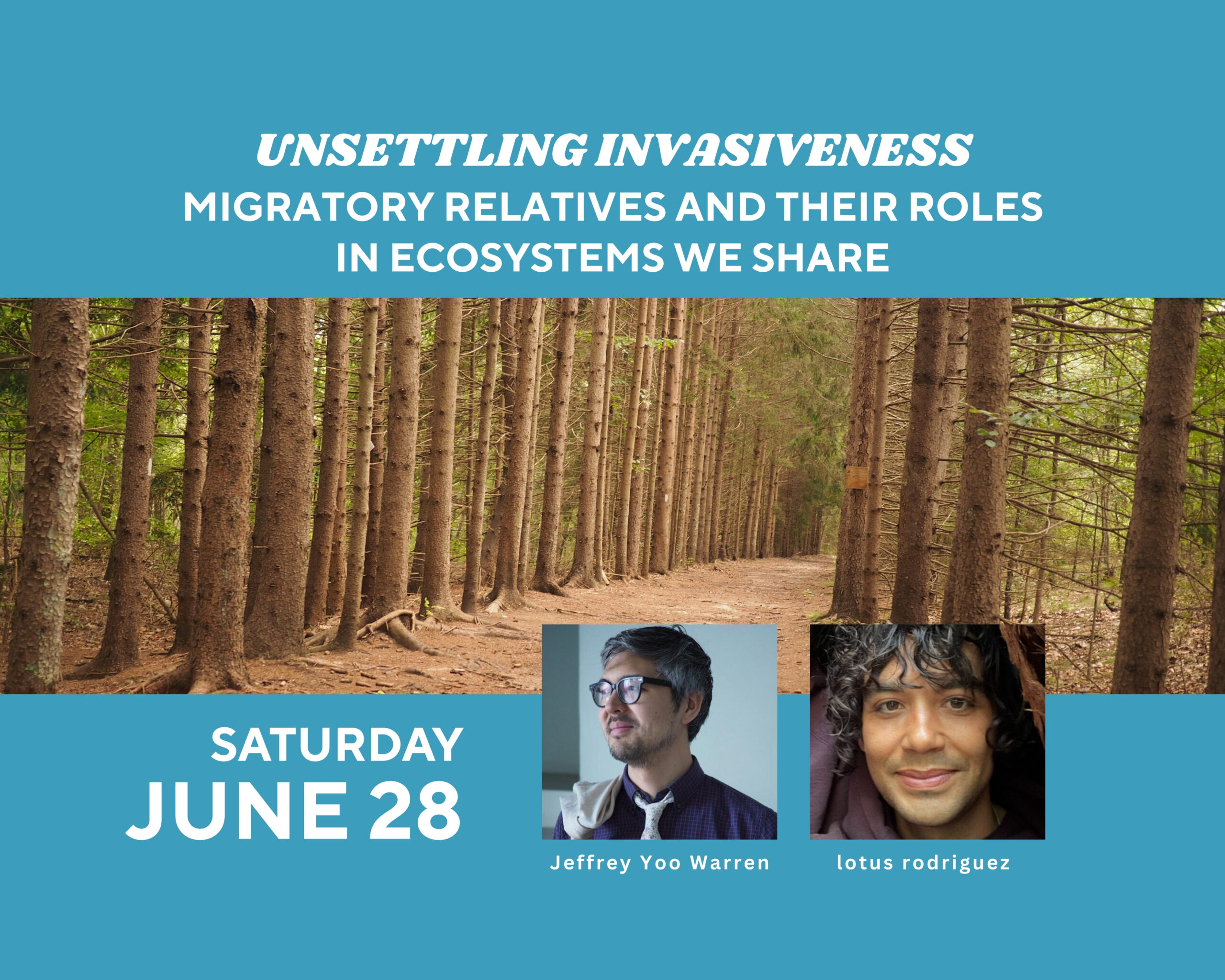 Woods trail and headshots of Jeffrey yoo warren and lotus rodriguez