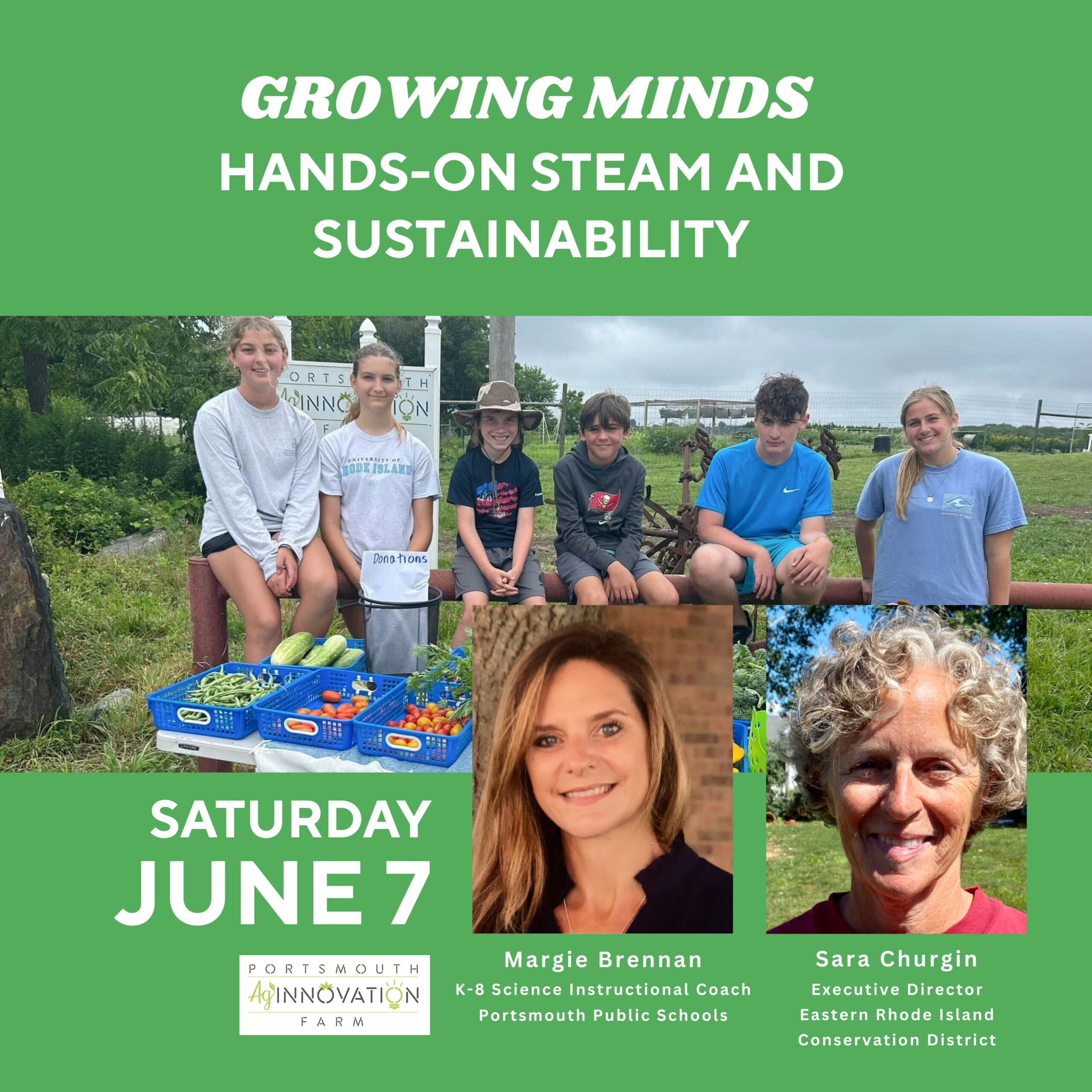 Group of kids with table of produce outside at a farm stand. Headshots of AgInnovation program coordinators