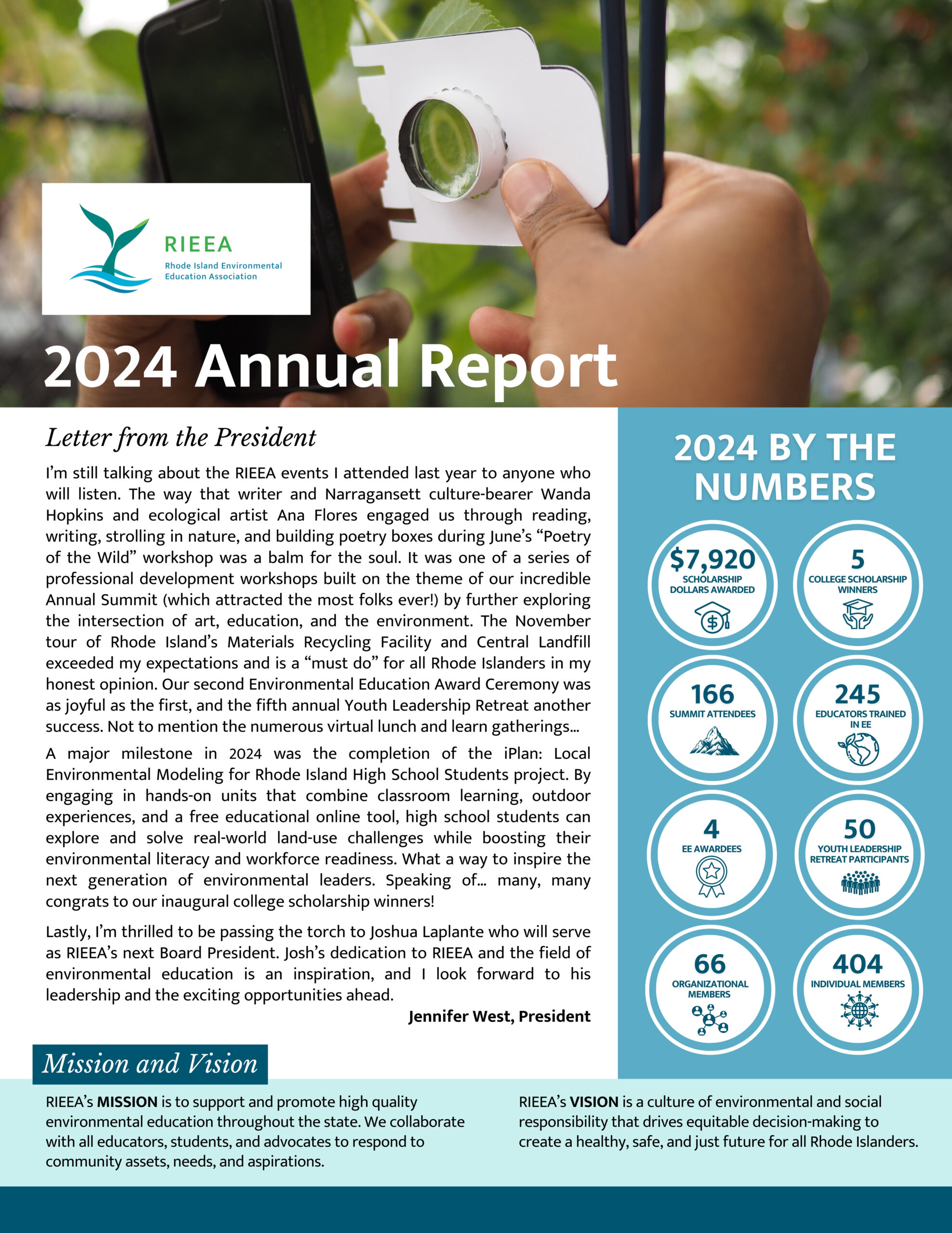 Hands holding magnifying glass and phone in front of plants. Graphics and text about the RIEEA 2024 Annual Report.