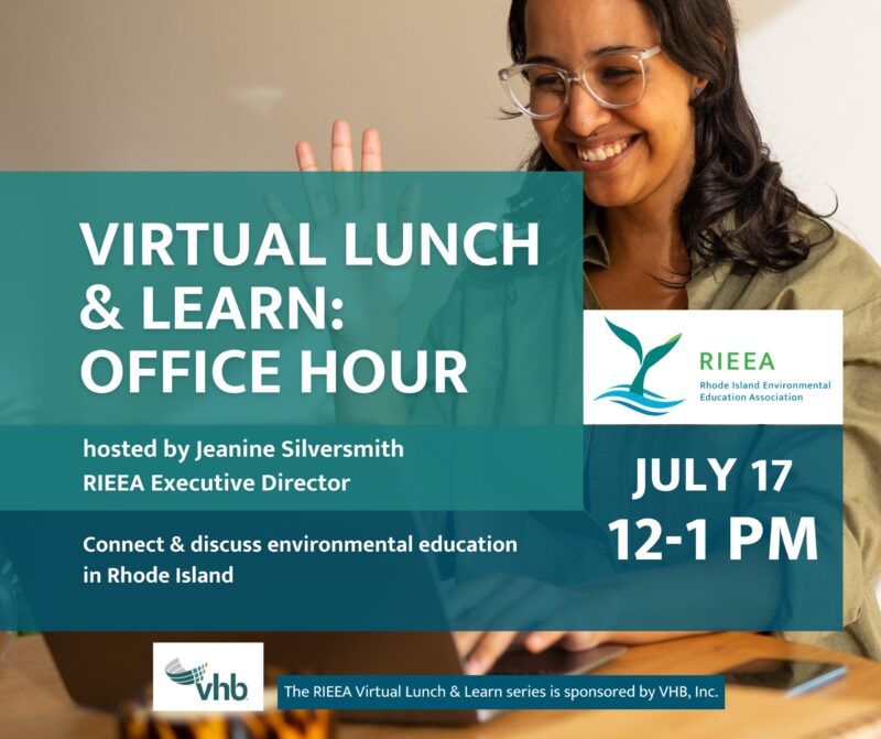 Person waving and smiling at laptop, rieea logo