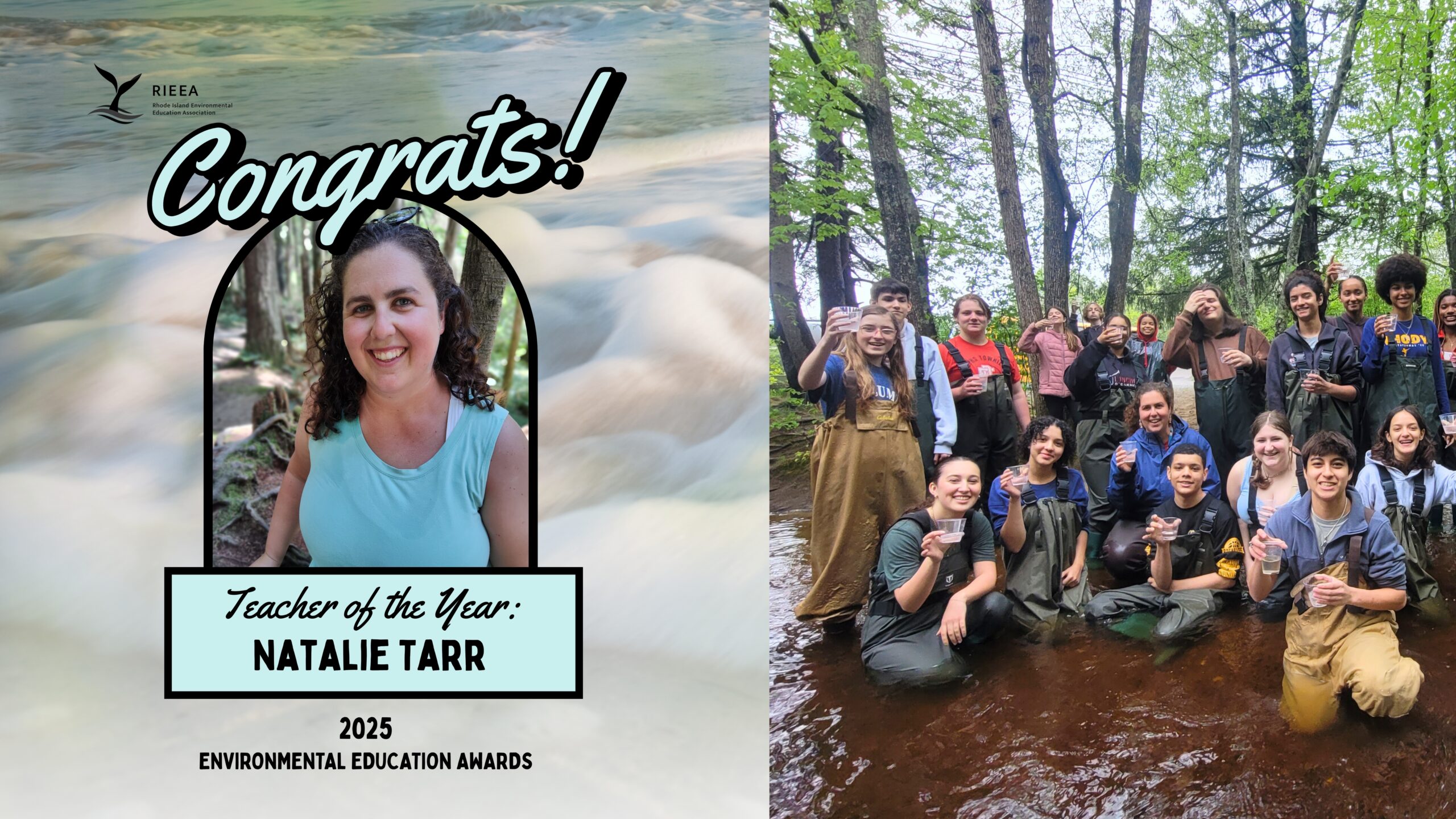 Natalie tarr headshot, group of students with teacher in the center. Everyone is wearing waders and is standing in a river.
