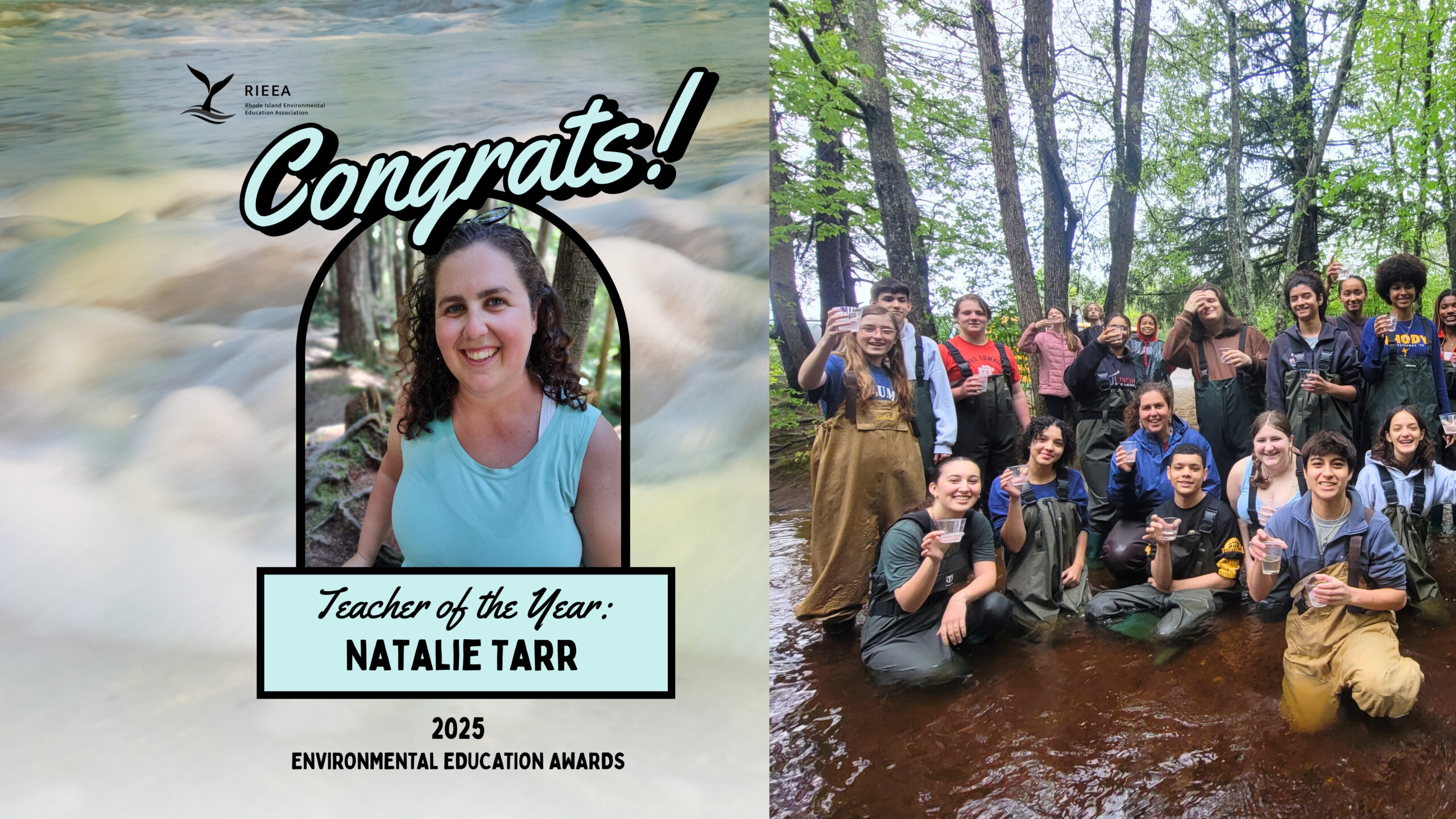 Natalie Tarr headshot and students in waders in river posing for a group photos