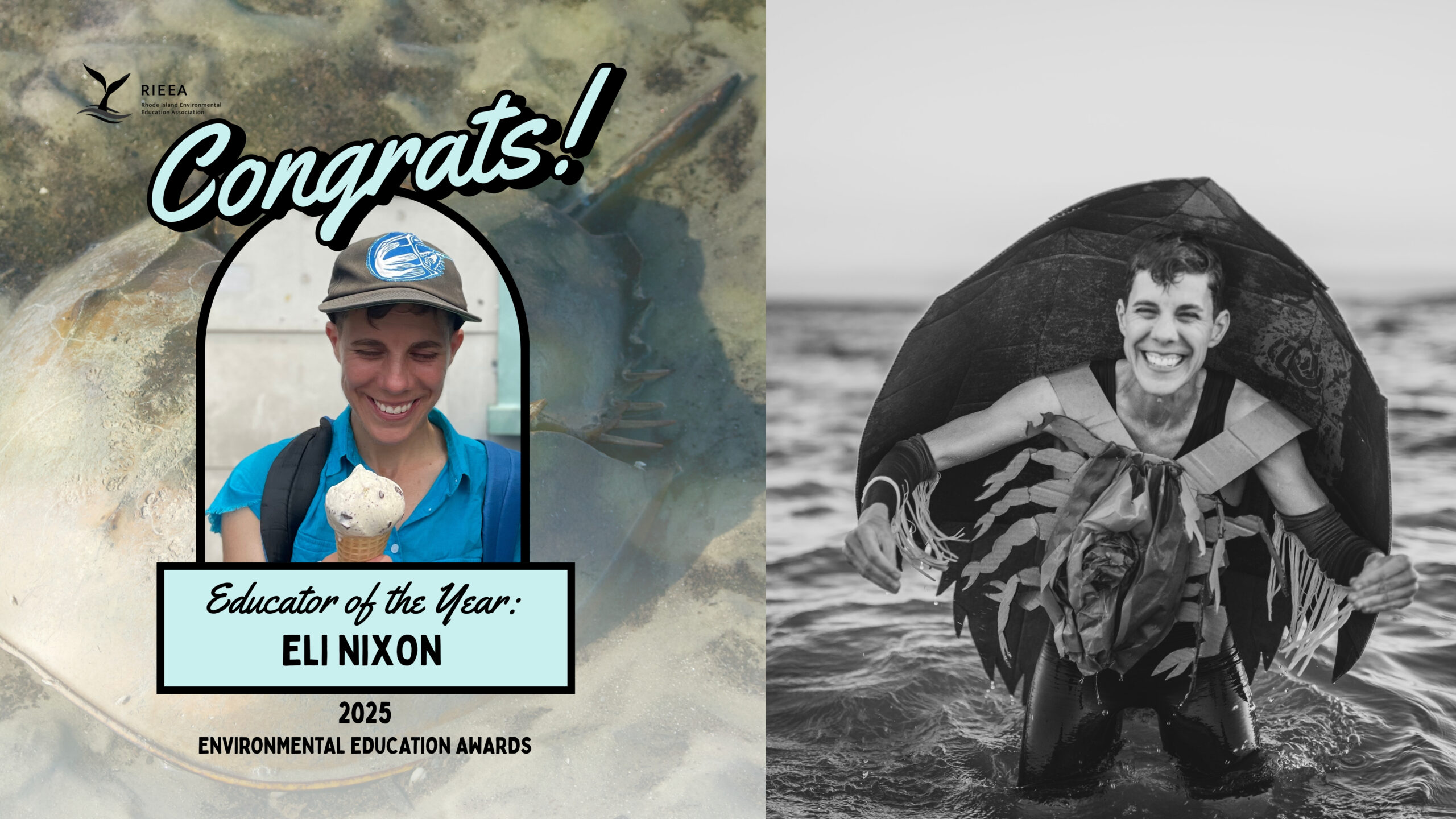 Eli Nixon headshot and emergence from water as a horseshoe crab