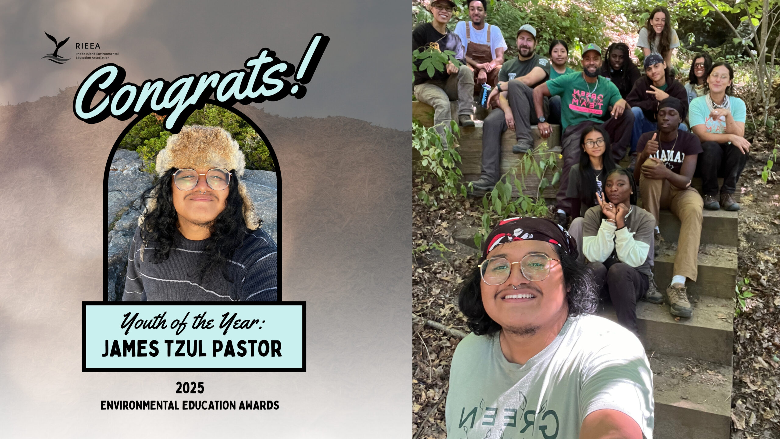 Headshot of James Tzul Pastor, group selfie with Groundwork RI crew