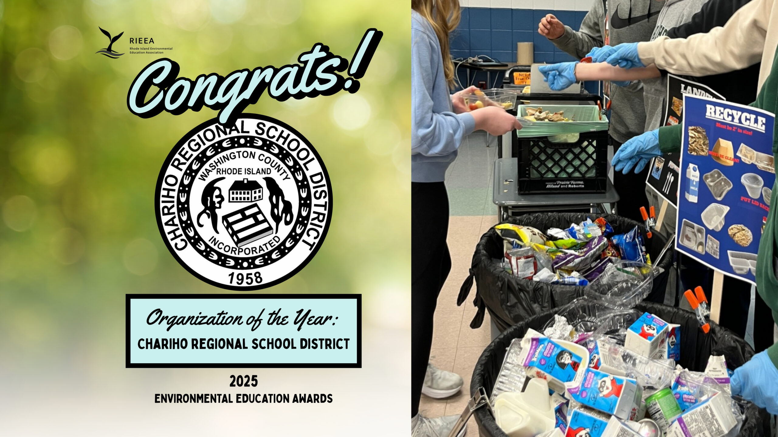 Chariho logo, students helping sort waste during lunch time