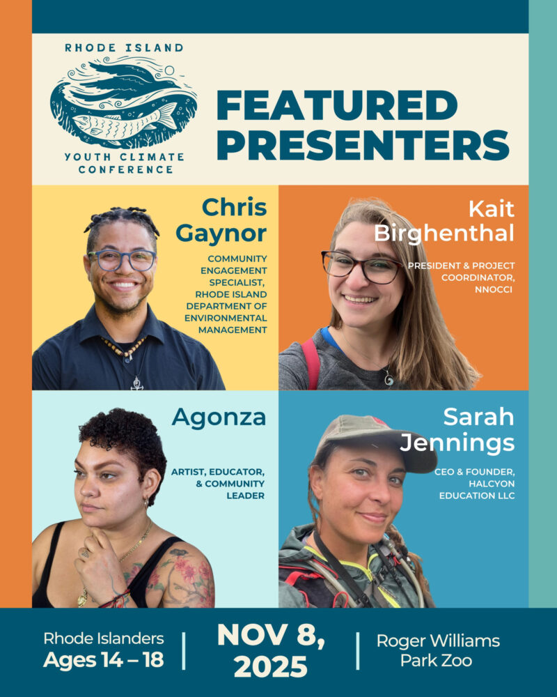 RI Youth Climate Conference logo. Headshots of Chris Gaynor, Kait B, Agonza, and Sarah Jennings SJ