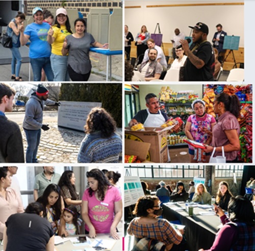 Collage of 6 images, each showing groups of different aged people speaking with each other
