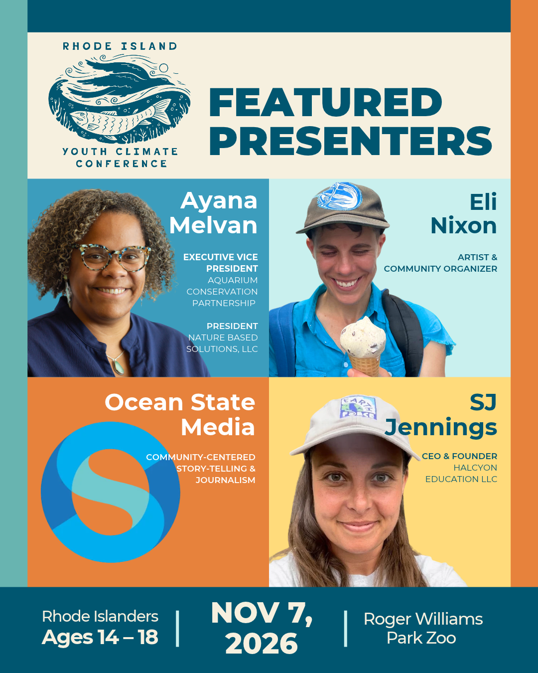 headshots of Ayana Melvan, Eli Nixon, SJ Jennings and Ocean State Media logo for the RI Youth Climate Conference 2026
